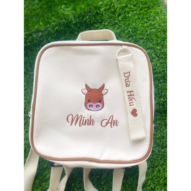 Balo Thêu tên bé theo yêu cầu phiên bản Hồng, nâu, kem