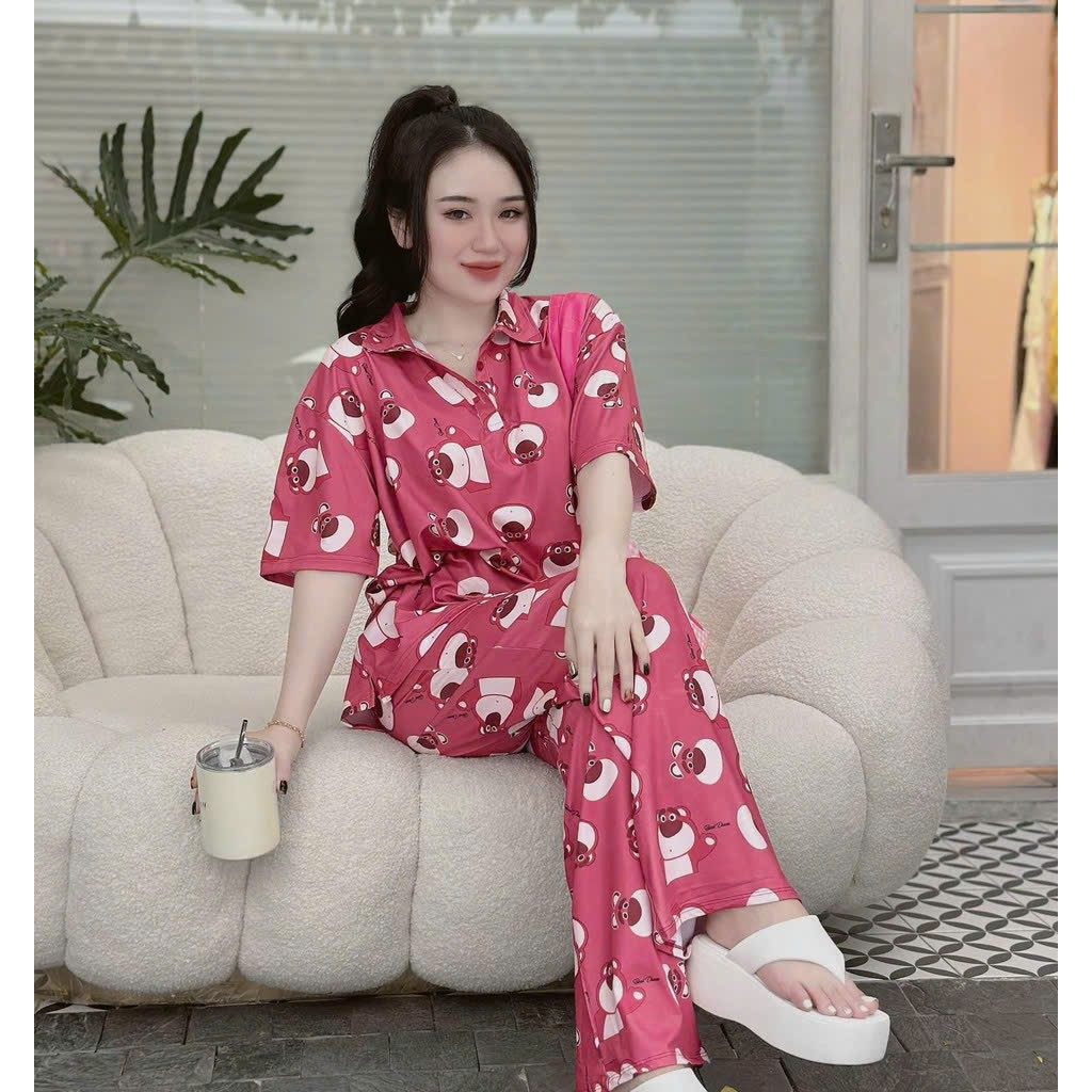 Set đồ bộ in hình hoạt hình dễ thương, chất lụa mịn mát mix quần ống rộng mặc ở nhà, đi chơi siêu xinh xắn