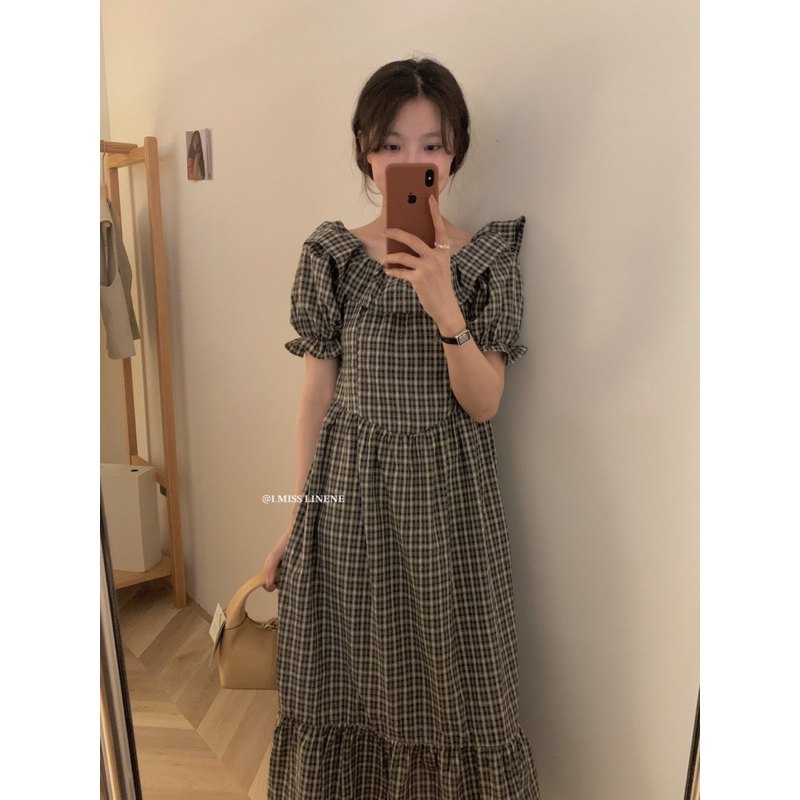 Váy Gingham trễ vai bèo 30178 IMISS