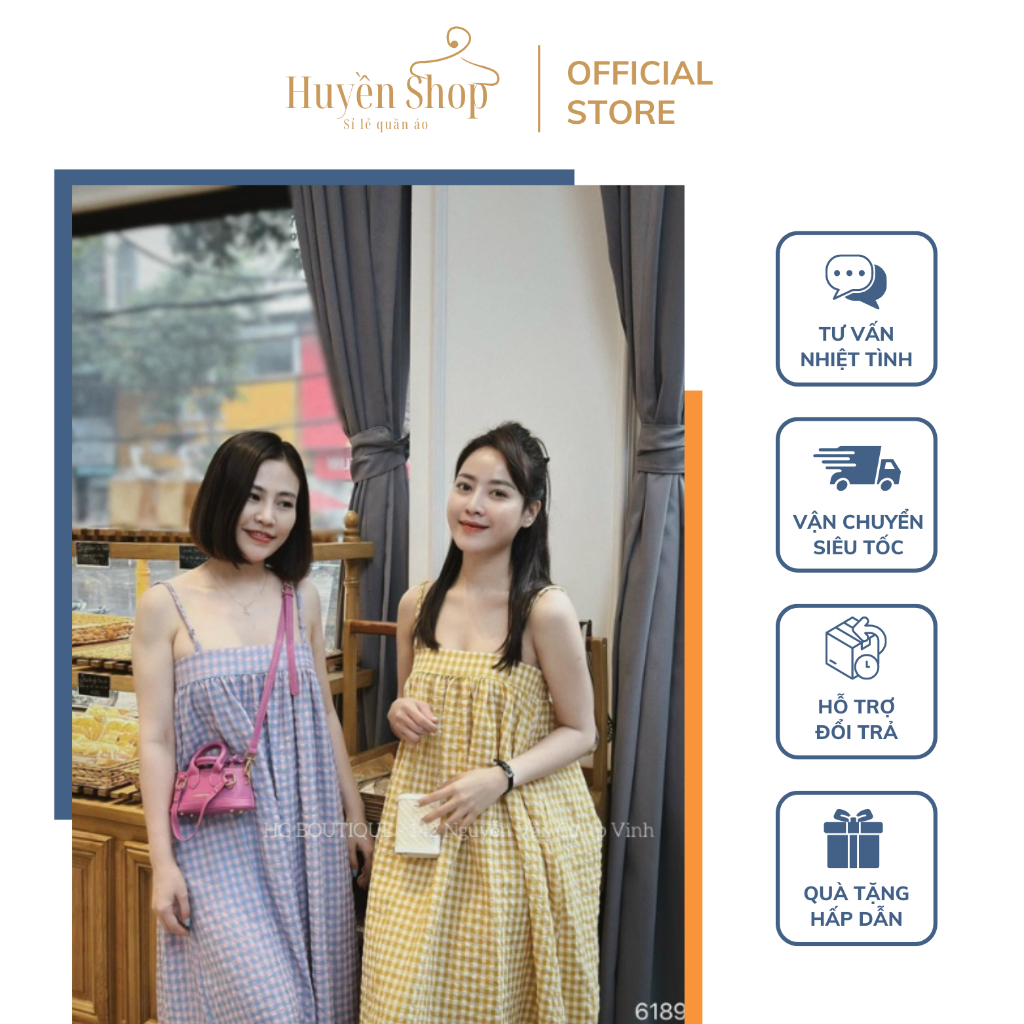 Váy Maxi Kẻ Caro Babydoll 2 Dây Xếp Ly Ngực, Dáng Suông Dài Rộng 3 Màu Free Size 45-63kg - Huyền Shop