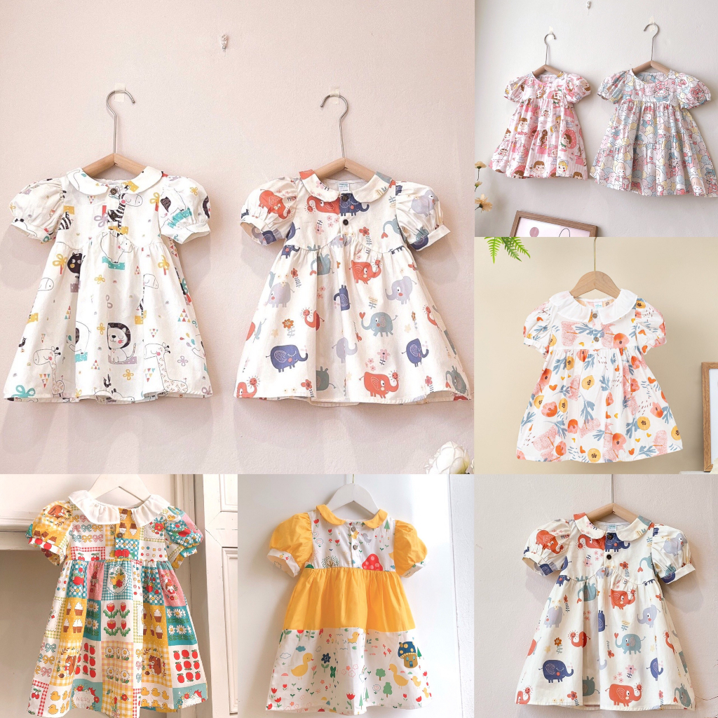 Váy cộc tay cổ sen/babydoll họa tiết đáng yêu chất cotton Hàn