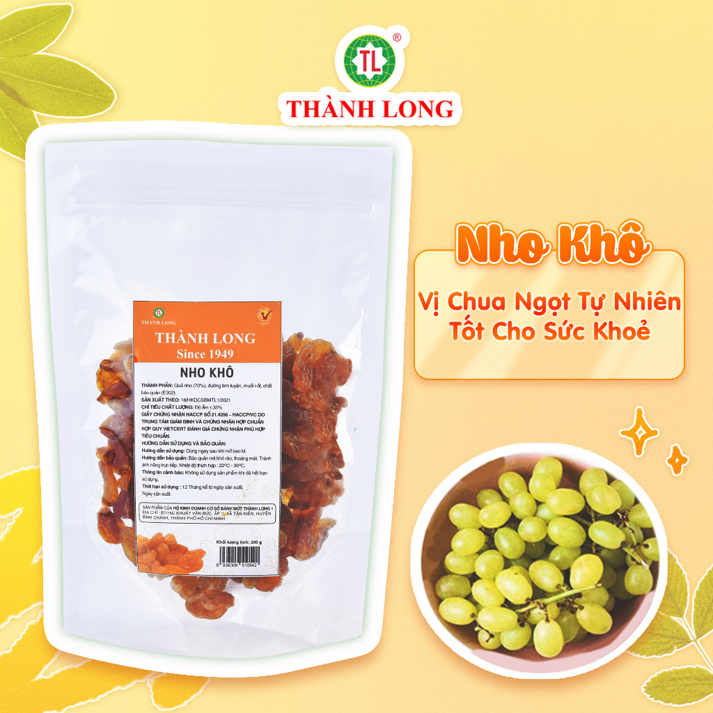 Nho khô hạt to, giòn, ngọt thanh Thành Long ăn vặt dinh dưỡng cực ngon đảm bảo VSATTP gói/bịch 200g/500g - Việt Nam