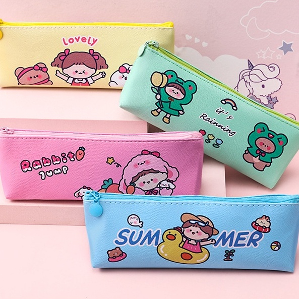 Túi Đựng Bút Mỹ Phẩm Đồ Dùng Có Khóa Kéo In Hình Da PU Lovely Girl D174