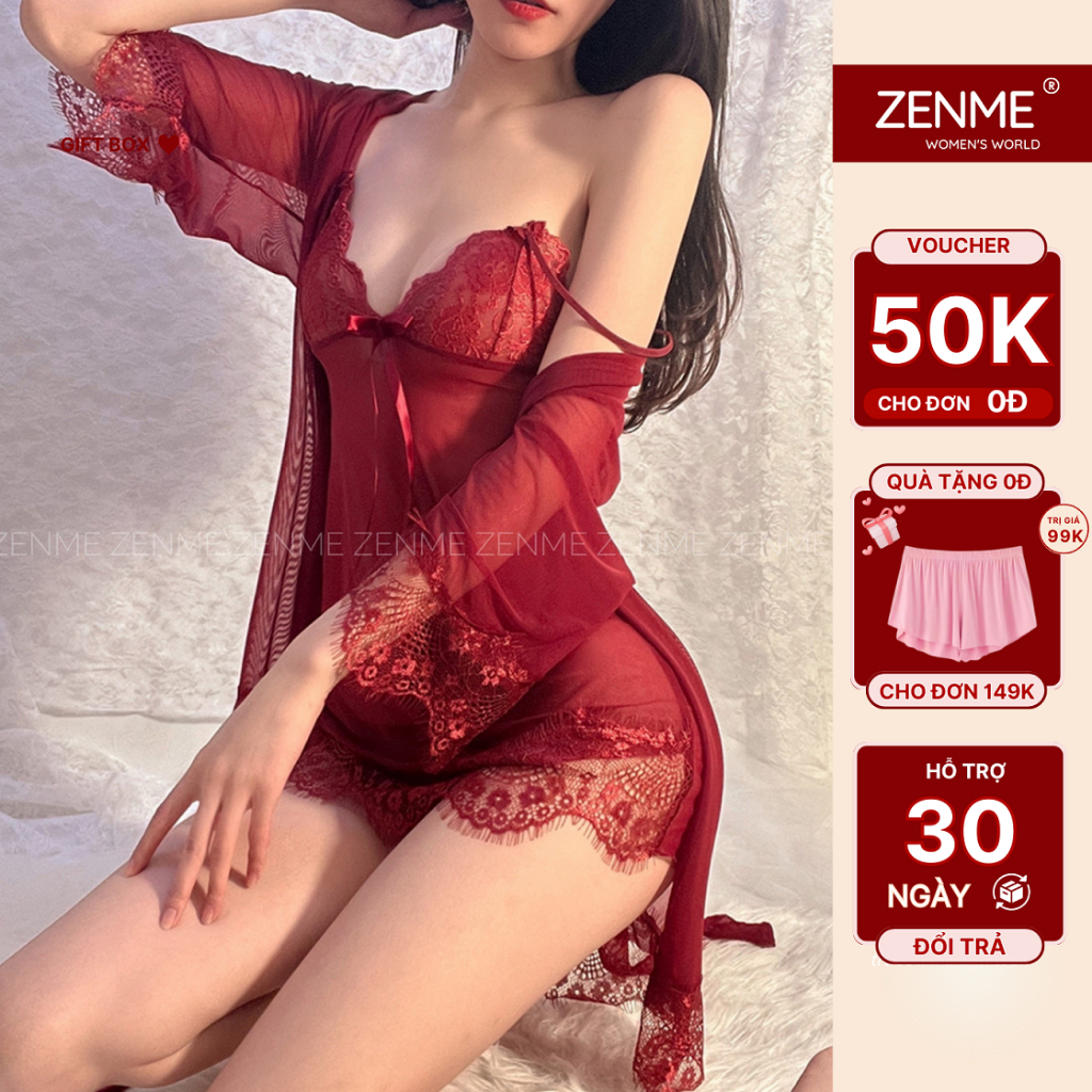Váy Ngủ Hai Dây Tặng Kèm Áo Choàng Zen Me Chất Liệu Ren Cao Cấp Mềm Mịn Kiểu Dáng Sexy - Set Váy Ngủ Gợi Cảm SR01, ZenMe