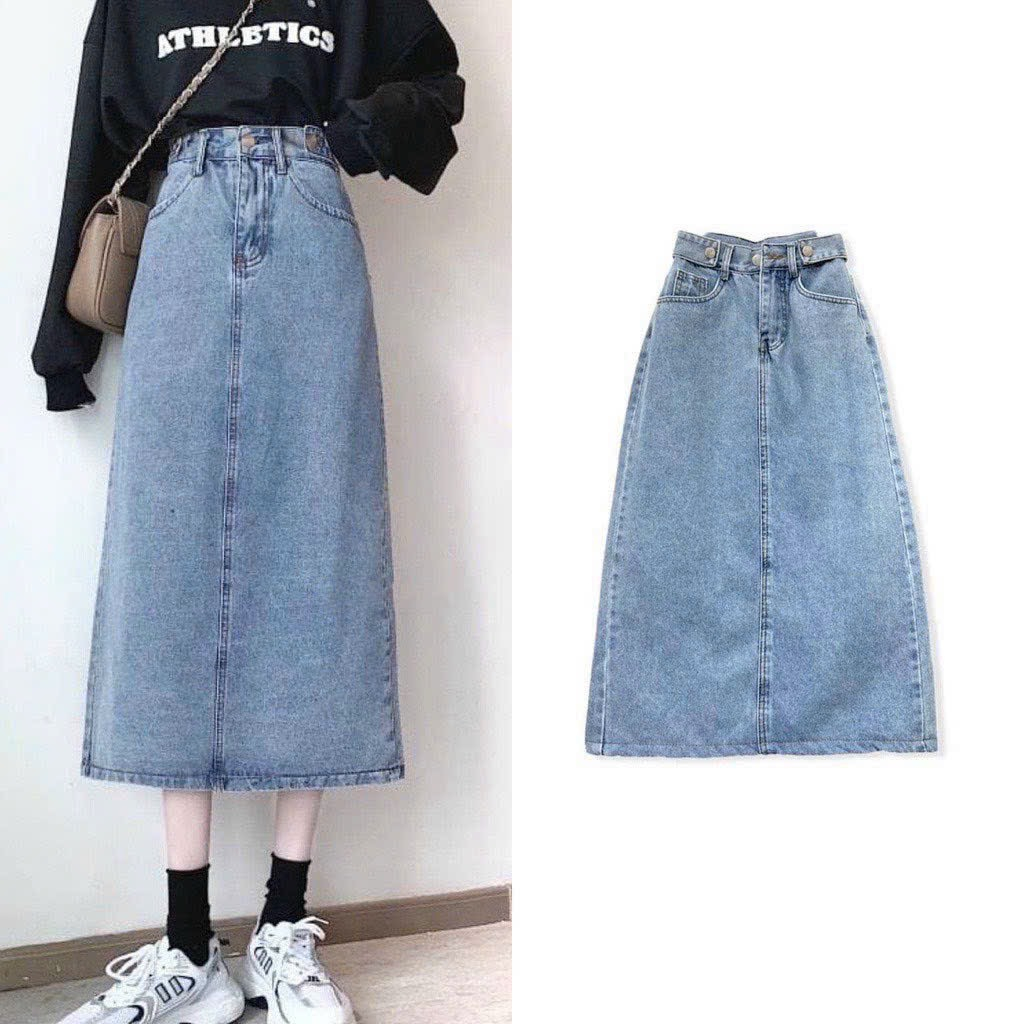 Chân Váy Jean Nữ Dáng Dài Xẻ Tà, Chân Váy Bò Cạp Cao Màu Xanh Nhạt Thời Trang Chất Liệu Jeans Cotton Mềm Mịn | BigBuy360 - bigbuy360.vn