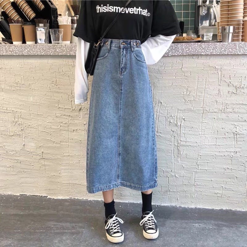 Chân Váy Jean Nữ Dáng Dài Xẻ Tà, Chân Váy Bò Cạp Cao Màu Xanh Nhạt Thời Trang Chất Liệu Jeans Cotton Mềm Mịn | BigBuy360 - bigbuy360.vn