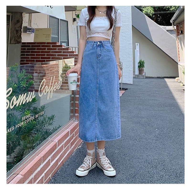 Chân Váy Jean Nữ Dáng Dài Xẻ Tà, Chân Váy Bò Cạp Cao Màu Xanh Nhạt Thời Trang Chất Liệu Jeans Cotton Mềm Mịn | BigBuy360 - bigbuy360.vn