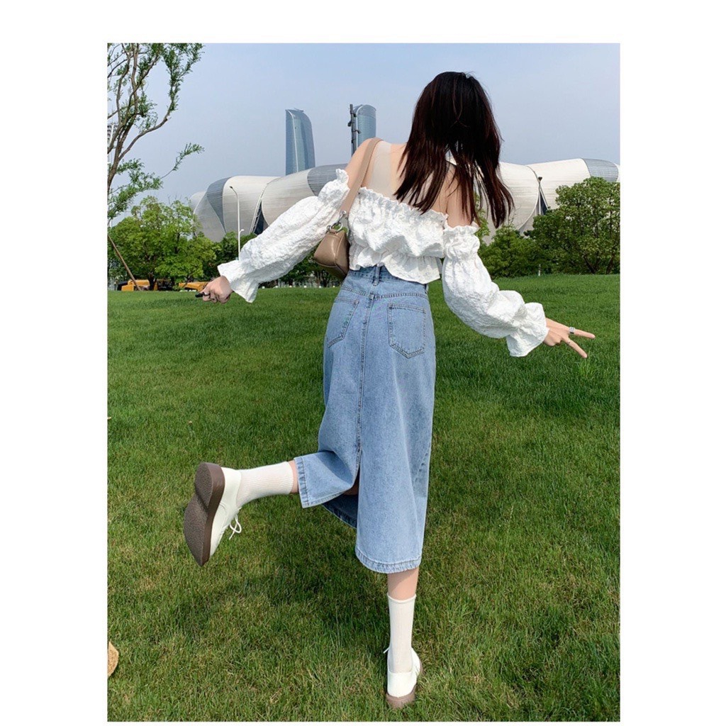 Chân Váy Jean Nữ Dáng Dài Xẻ Tà, Chân Váy Bò Cạp Cao Màu Xanh Nhạt Thời Trang Chất Liệu Jeans Cotton Mềm Mịn | BigBuy360 - bigbuy360.vn