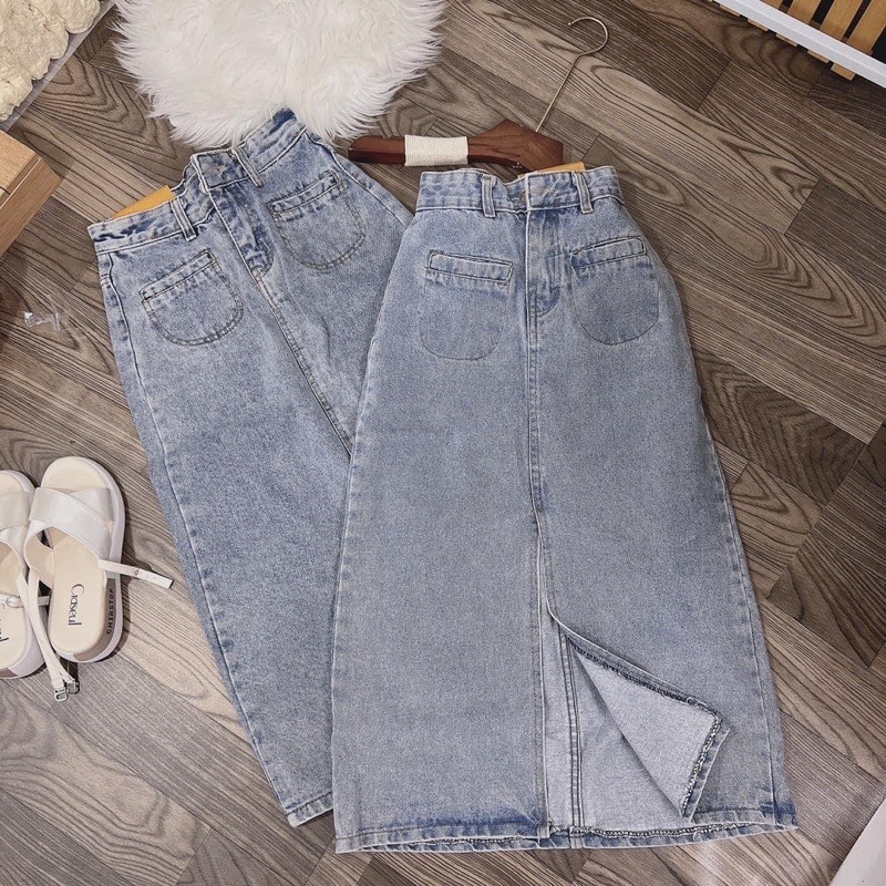 Chân Váy Jean Nữ Dáng Dài Xẻ Tà, Chân Váy Bò Cạp Cao Màu Xanh Nhạt Thời Trang Chất Liệu Jeans Cotton Mềm Mịn | BigBuy360 - bigbuy360.vn