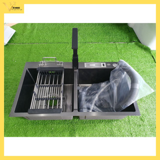 Bồn rửa chén inox 304 phủ nano màu xám loại 2 hộc - bồn rửa chén 2 hộc - bồn rửa chén inox màu xám