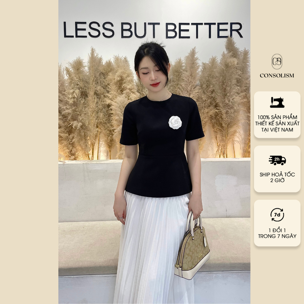 Áo sơ mi kiểu peplum Lona CONSOLISM thiết kế hoa ngực cổ tròn cộc tay có dây eo chất vải xước hàn cao cáp A57