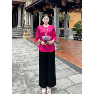 Bộ bà ba cách tân ngọc trai vai áo lụa gấm cao cấp pháp phục khánh an đồ lam đi chùa