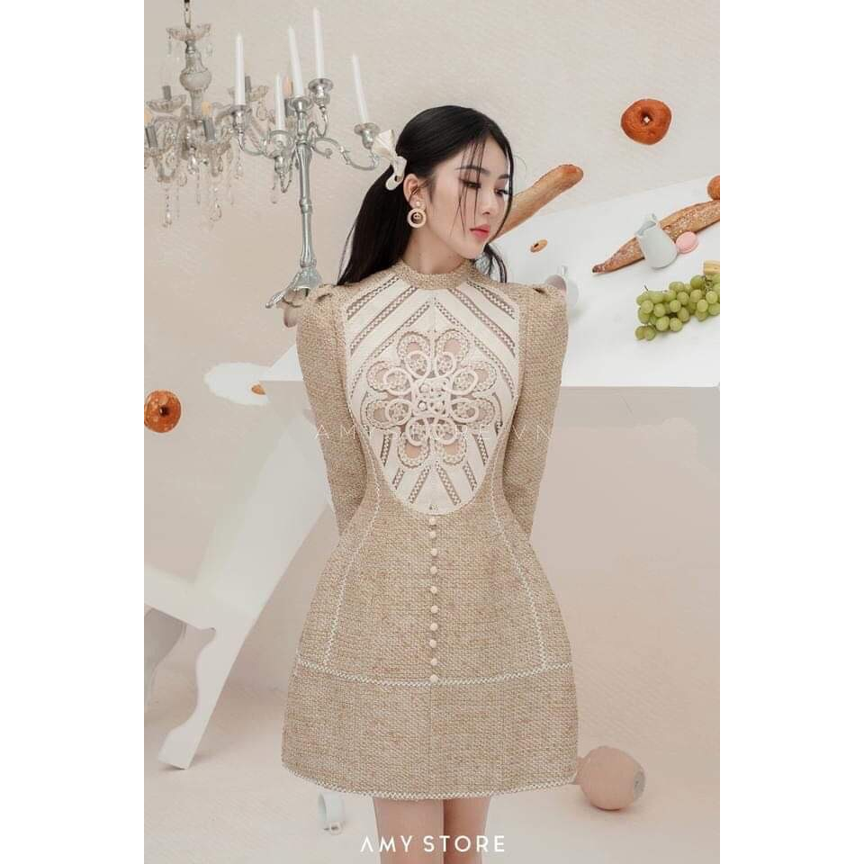Đầm ren chữ A dạ tex phối ren tay dài sang trọng MC