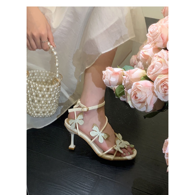 Giày sandals cao gót màu tím dây mảnh đính hoa sexy cho nữ đi tiệc 2023