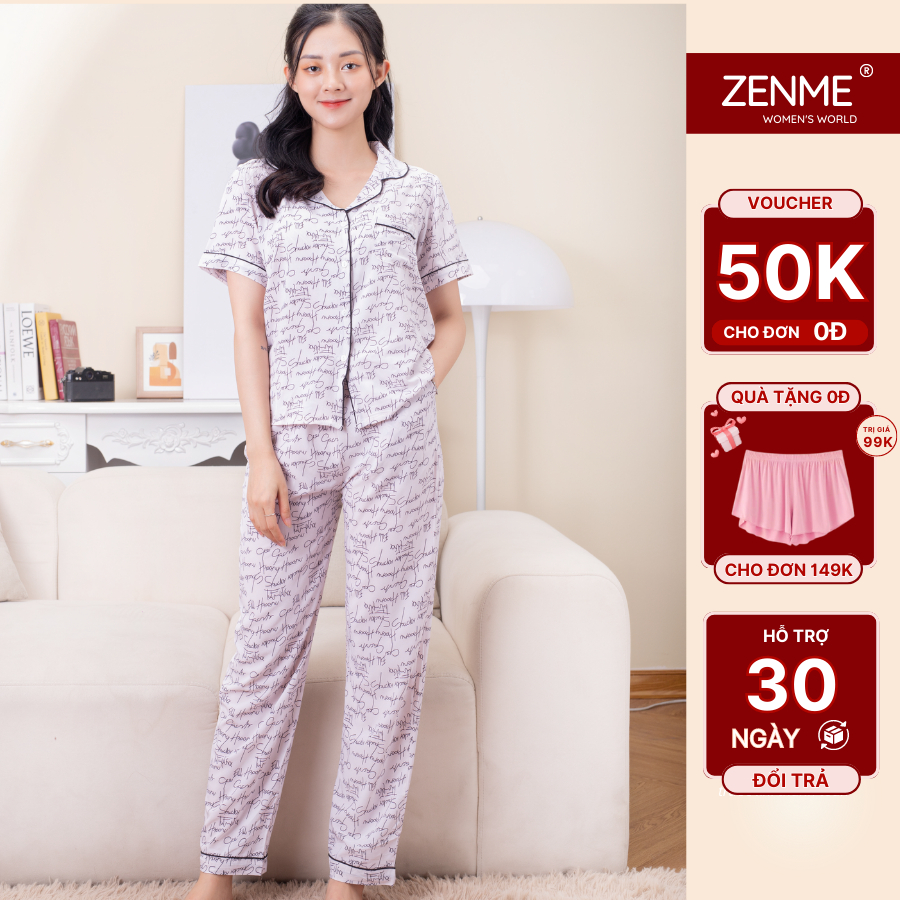 Đồ Ngủ Nữ Zen Me Dáng Pijama Áo Ngắn Quần Dài Chất Liệu Lụa Giấy Luxury- Đồ Ngủ Mền Mượt Nhẹ Mịn Họa Tiết Trắng Chữ
