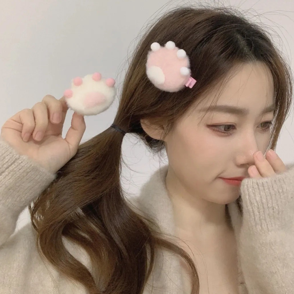 Kẹp Tóc Lông Chân Mèo Gấu Nâu Trắng Mềm Mại Dễ Thương