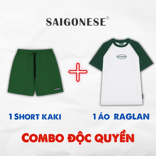 Combo 3 áo thun raglan cotton trắng tay xanh lá + short kaki xanh lá