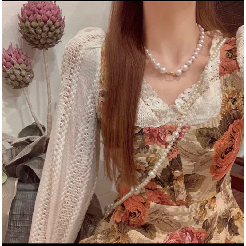 (H61) Váy Hoa Đính Cúc Ngọc Tay Ren Bồng Phong Cách Hàn Quốc