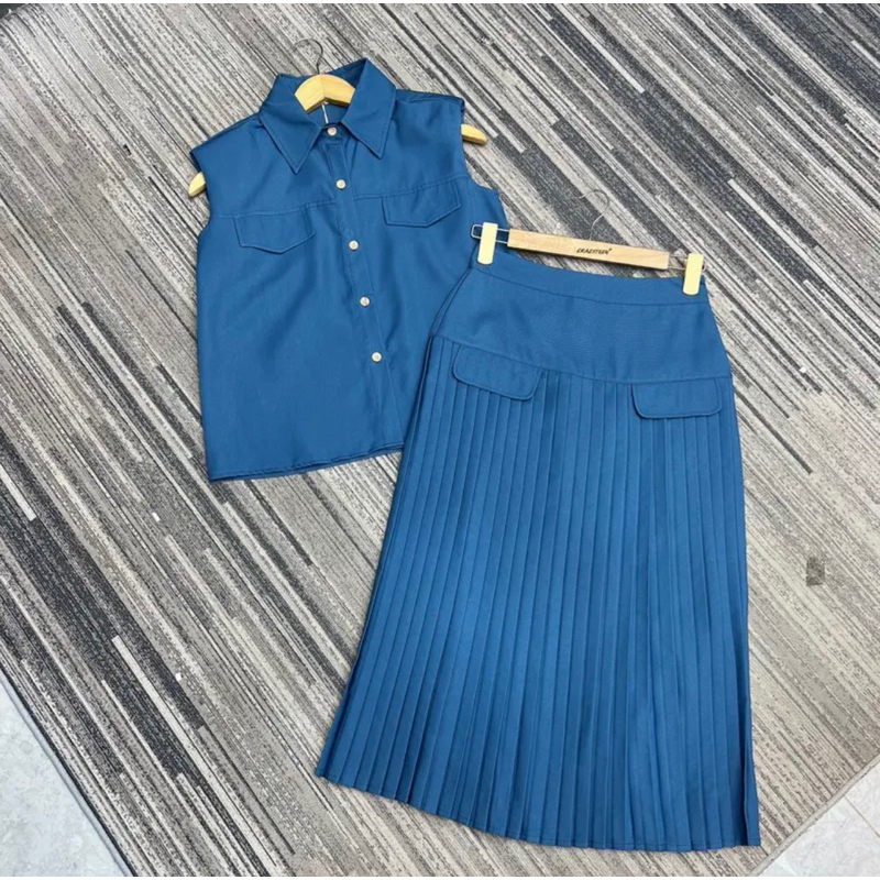 🔥Pass🔥Set Thiết Kế Đầm Crazyteen Áo Kiểu Cổ Sơ Mi Phối Chân Váy Dập Ly