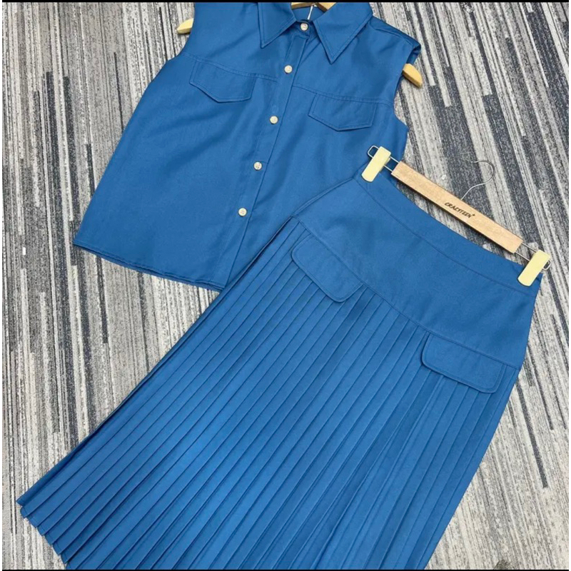 🔥Pass🔥Set Thiết Kế Đầm Crazyteen Áo Kiểu Cổ Sơ Mi Phối Chân Váy Dập Ly