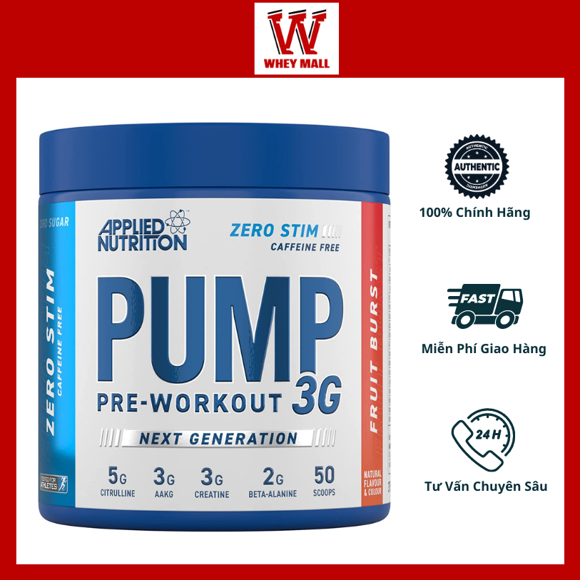[Không Cafe] Pump 3G Pre Workout Applied Nutrition 50 Scoops - Tăng sức mạnh phồng cơ tập trung tập luyện 25Serving