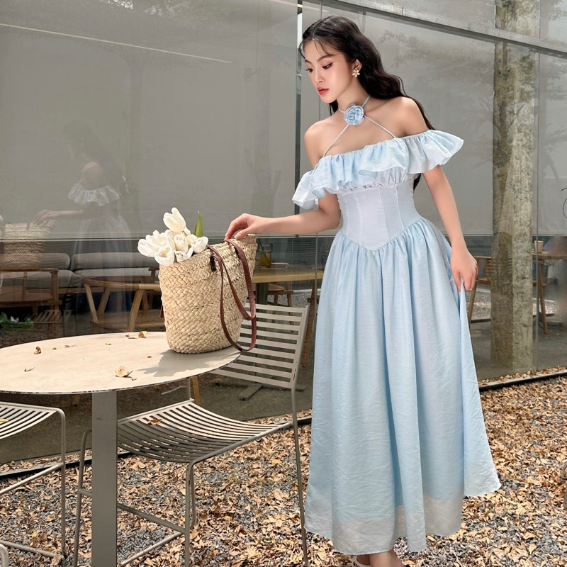 - Đầm Maxi Nữ Tiểu Thư Chất tơ, trễ vai hoa cổ chiết eo Tulle Dress