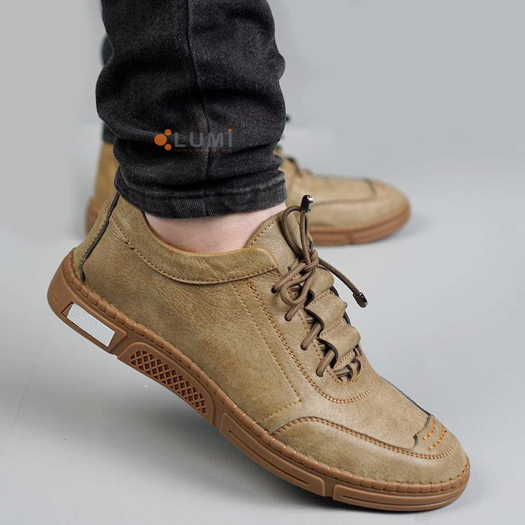 Giày Da Nam Sneaker LM12 Buộc Dây, Da Bò Interline Cao Cấp