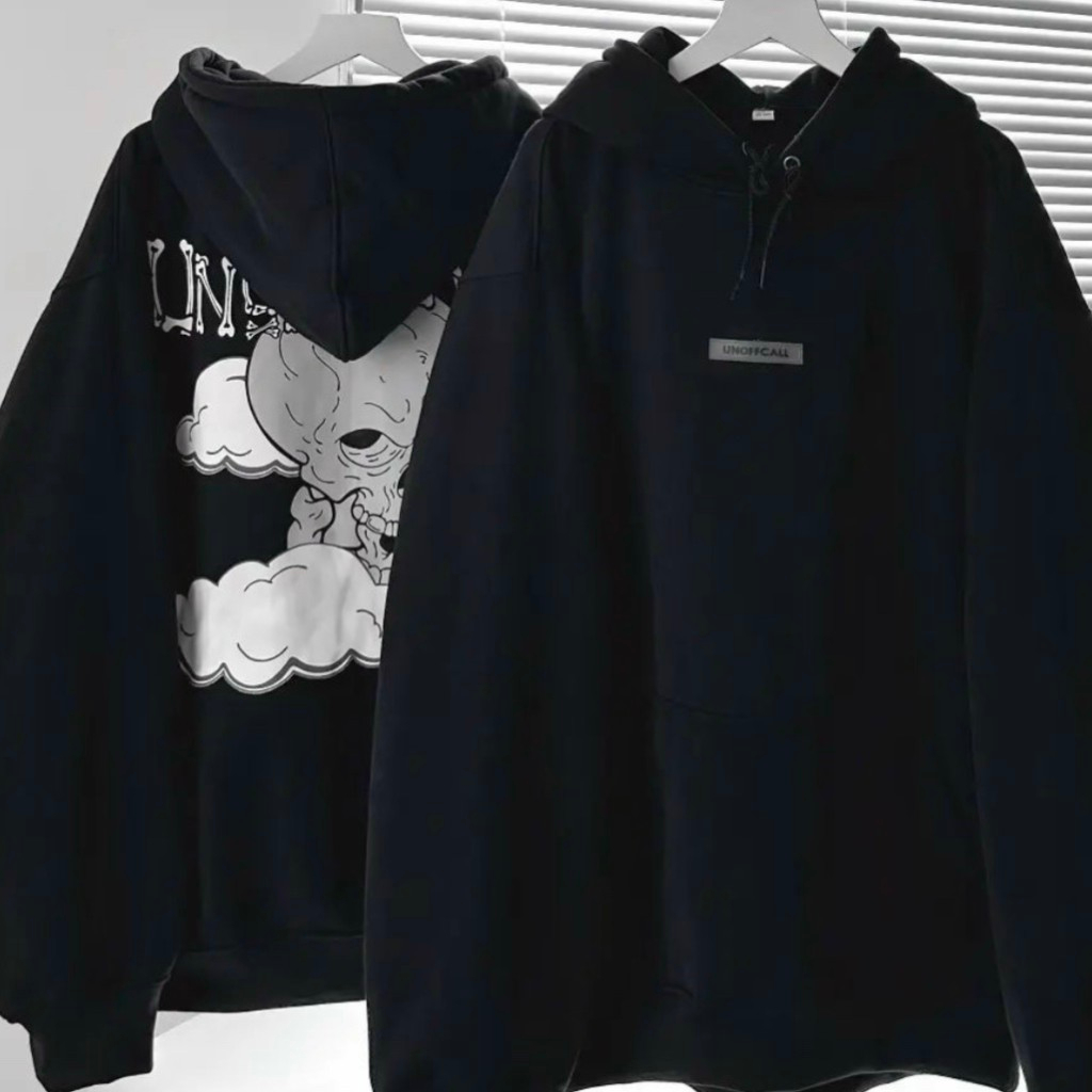Áo khoác hoodie nỉ bông dày dặn tag UNOFFCALL đầu lâu 3 túi màu đen form rộng unisex nam nữ, áo hoodie cặp đôi