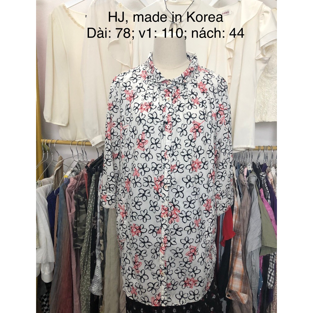 Áo sơ mi si tuyển 2hand HQ, dài tay, vải thô trắng hoa, cổ lá sen, có túi, dáng xuông
