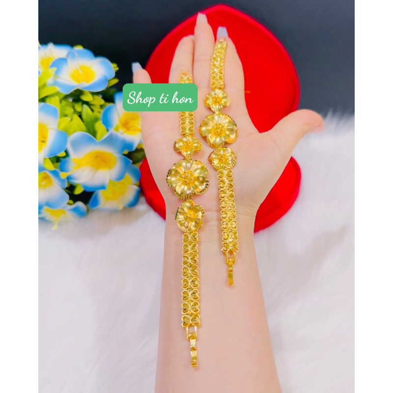 Lắc tay hoa mai chạm 3 bông kiểu trơn mạ vàng 24 cao cấp mẫu mới cực đẹp