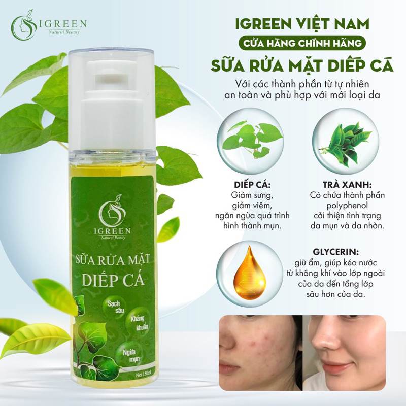 COMBO SỬA RỬA MẶT & SERUM DIẾP CÁ CHO DA HẾT MỤN, THÂM - IGREEN