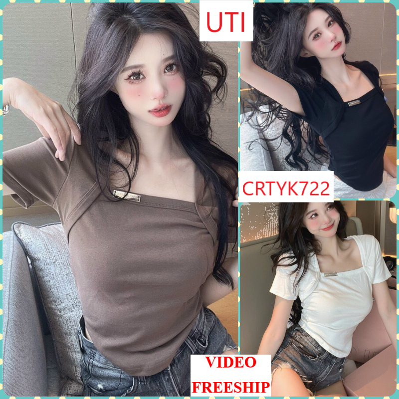 ÁO CROPTOP KIỂU LỬNG NỮ CỔ VUÔNG NGẮN TAY ĐẮP VAI LAI BẦU ĐÍNH MẠC MÀU TRẮNG ĐEN NÂU CHẤT THUN BORIP DÀY DẶN