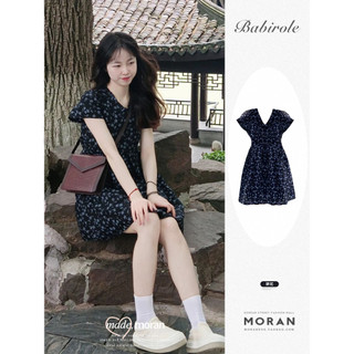 Váy hoa nhí MORAN màu xanh than tay phồng thắt eo dáng babydoll điệu đà đáng yêu