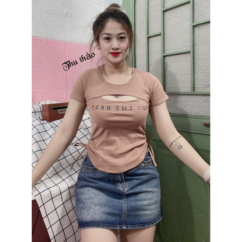 Áo thun tay ngắn cổ tròn rút eo