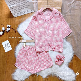 Bộ ngủ pizama mặc nhà quần ngắn vải luạ mango phối 2túi + tặng kèm cột tóc 🌈