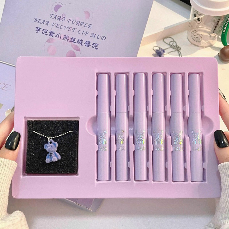 Sét Son/Sét Quà Tặng Gấu Nhung Tím Cực Víp Gồm 1 Dây Chuyền Gấu,6 Cây Son Kem Lì Màu Đẹp Tuyển Chọn