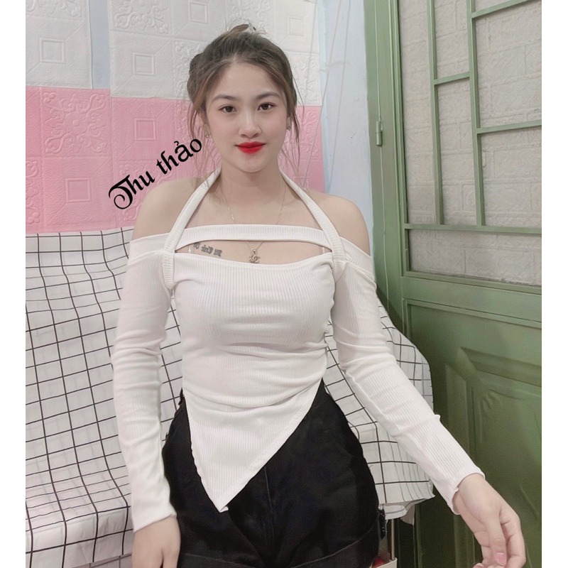 Áo thun body trễ vai choàng cổ thun gân siêu dễ thương