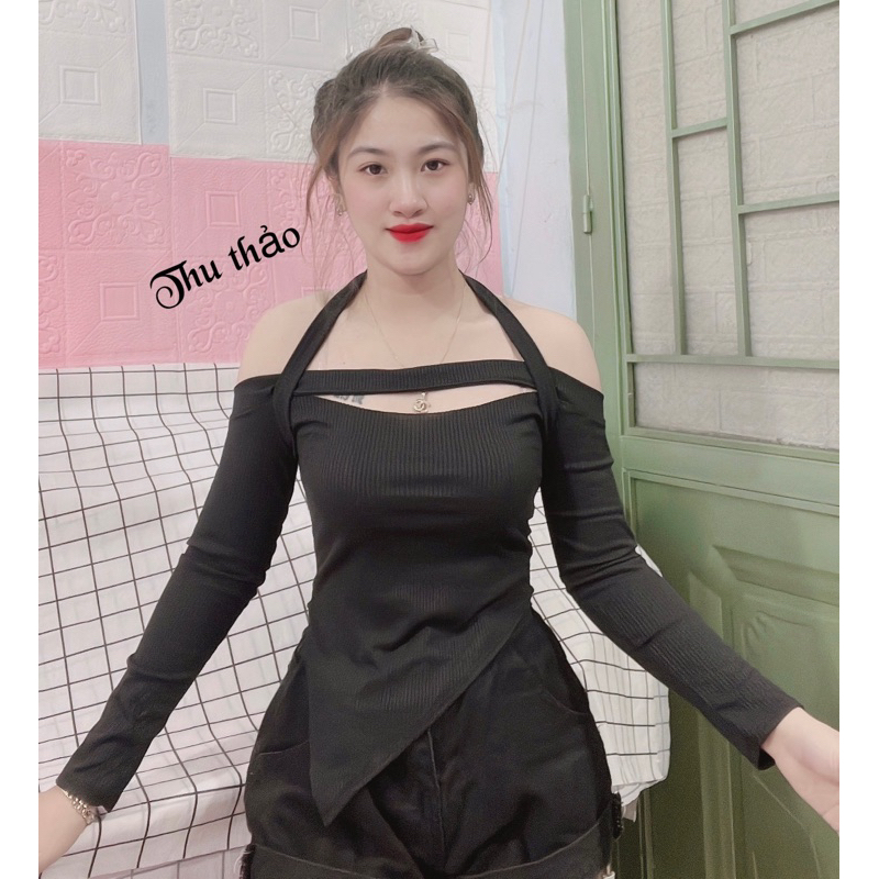 Áo thun body trễ vai choàng cổ thun gân siêu dễ thương