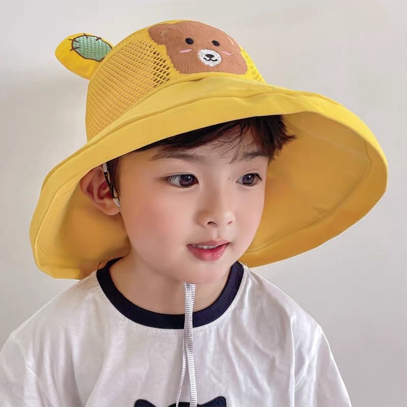 Mũ Nón Tai Bèo Phối Lưới In Họa Tiết Gấu Hoạt Hình Thoáng Khí Thời Trang A.d