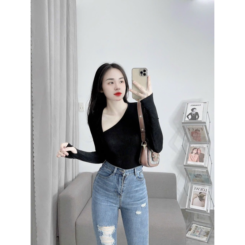 Áo thun ôm body Nhũ Cổ Xéo Tay Dài Xỏ Ngón dành cho nữ Hottrend