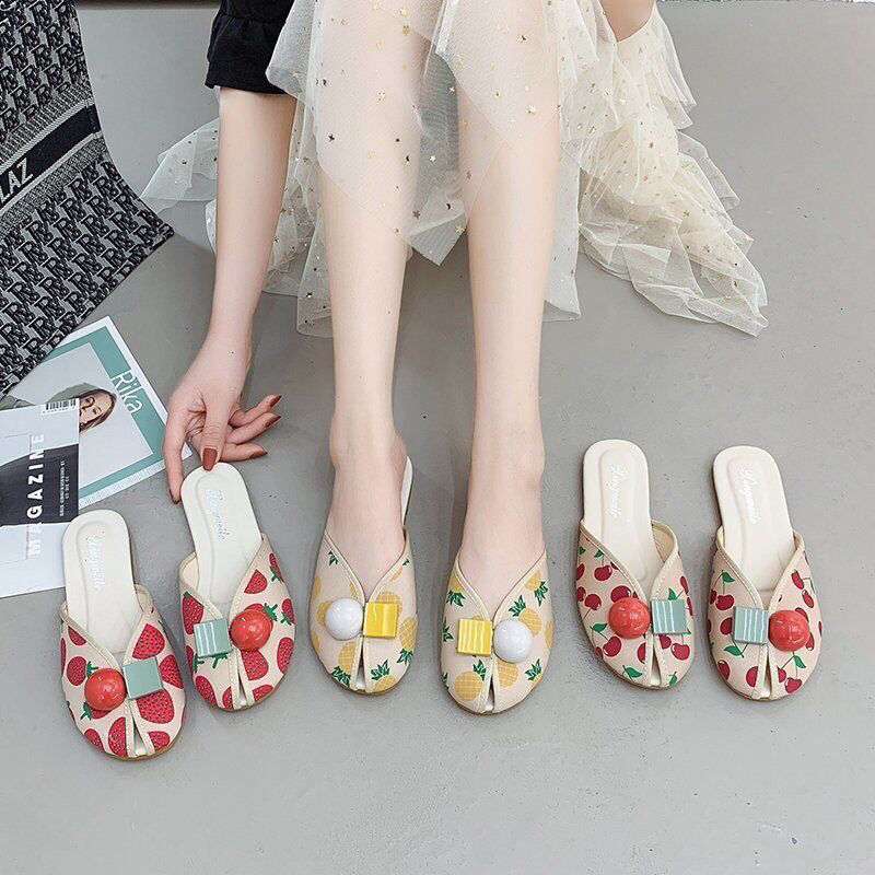 Dép sục nữ, Giày sục hở mũi in hình hoa quả gắn khối ba màu Dâu Dứa Cherry (size bé nên đi tăng lên 2 size)