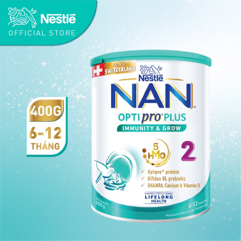 Sữa bột Nestle NAN OPTIPRO PLUS 5HMO số 2 - Hộp 400g ( Sản xuất tại Thuỵ Sĩ)