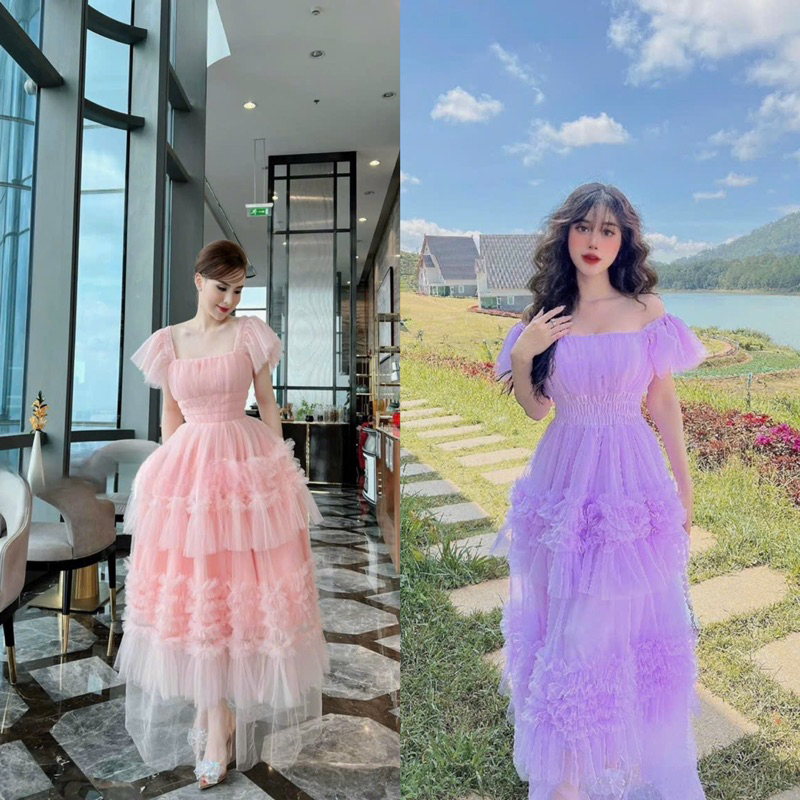Đầm maxi lưới cánh tiên. Đầm bẹt vai phối lưới hàng thiết kế hotgirl. Đầm suông dài màu tím màu hồng dễ thương