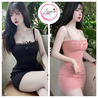 Đầm body đầm hai dây ren phối nơ hai màu hồng đen 101 (Giá sỉ) Lissa
