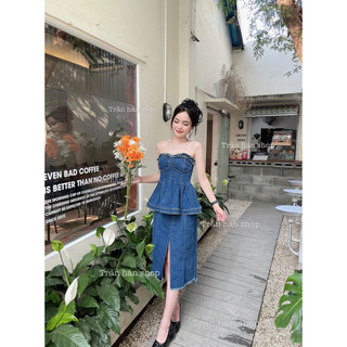 set áo quây đuôi cá mix chân váy xẻ jeans H085