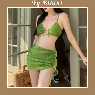 Bikini set 3 món, tam giác khoen sừng trâu kèm váy rút sang chảnh