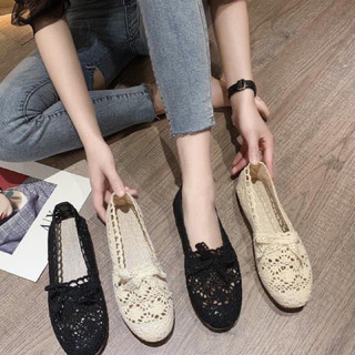 Giày búp bê nữ ren lưới gắn nơ, giày bệt nữ mũi tròn đế cao su êm dễ đi dễ phối đồ hai màu be và màu đen