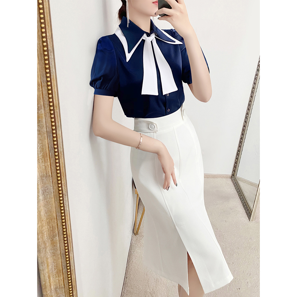 Set áo sơ mi cổ nơ tay bồng mix chân váy bút chì sang trọng thanh lịch E230 Emilion Chic