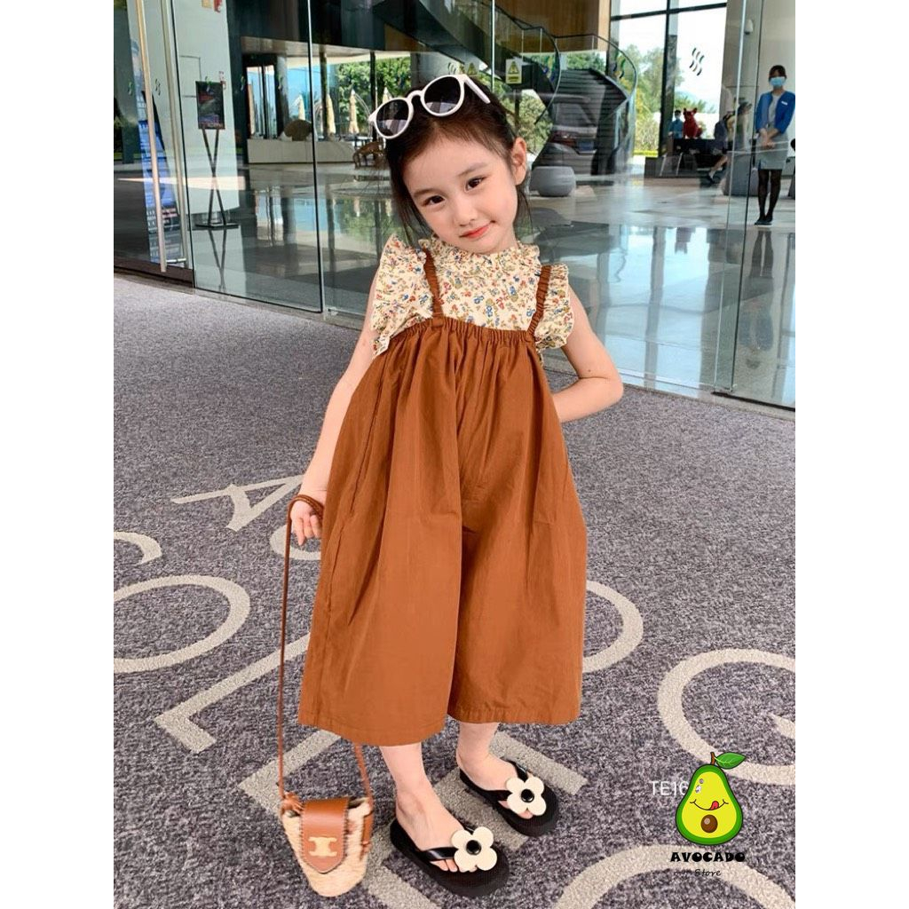 Yếm cho bé gái, Set quần yếm ống rộng may chun ngực phối áo Hoa viền bèo tiểu thư đáng yêu cho bé TE169