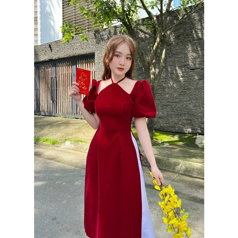 Áo Dài Cách Tân Nhung Cổ Yếm Mẫu Mới Hot Đón